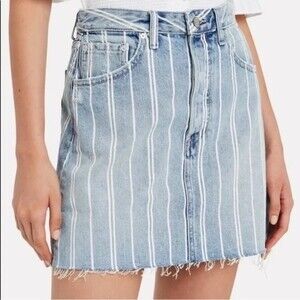 Boyish Striped Denim Mini Skirt Size 28 Button Fly Distressed Raw Hem Casual